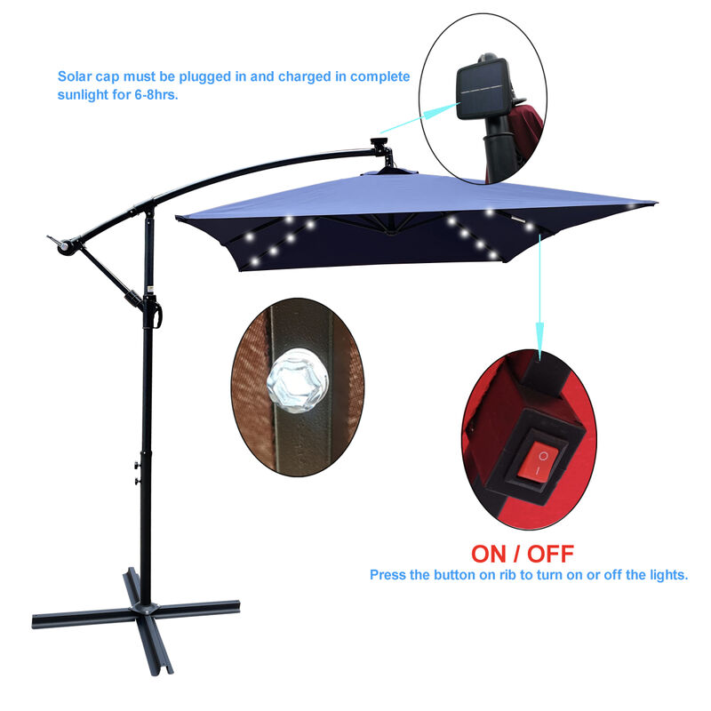 Solar Powered LED Patio Umbrella, 8 Ribs, Crank and Cross Base