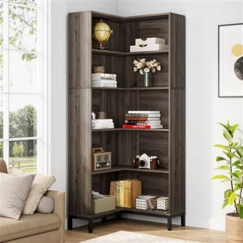 High Corner Bookcase in Wood Finish for Space-Saving Storage For Living Room