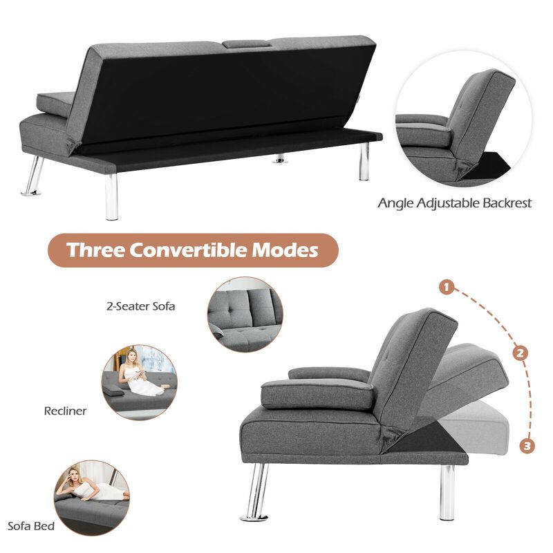 Convertible Folding Futon Sofa Bed Fabric with 2 Cup Holders