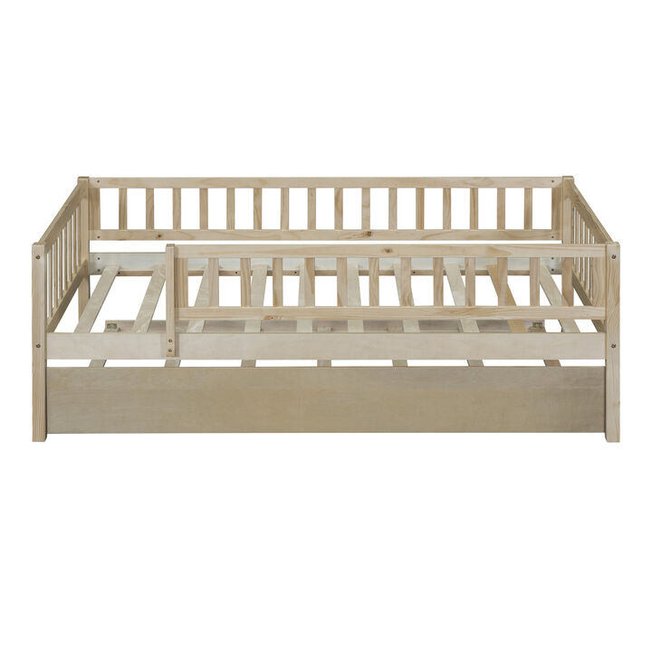 Twin Size Wood Daybed With Trundle And Fence Guardrails