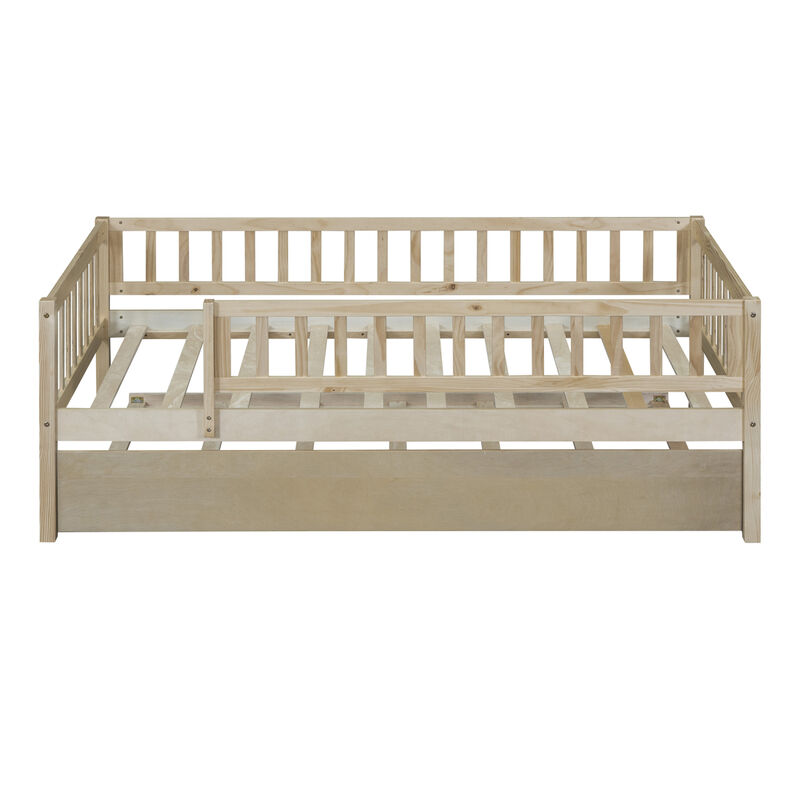 Twin Size Wood Daybed With Trundle And Fence Guardrails