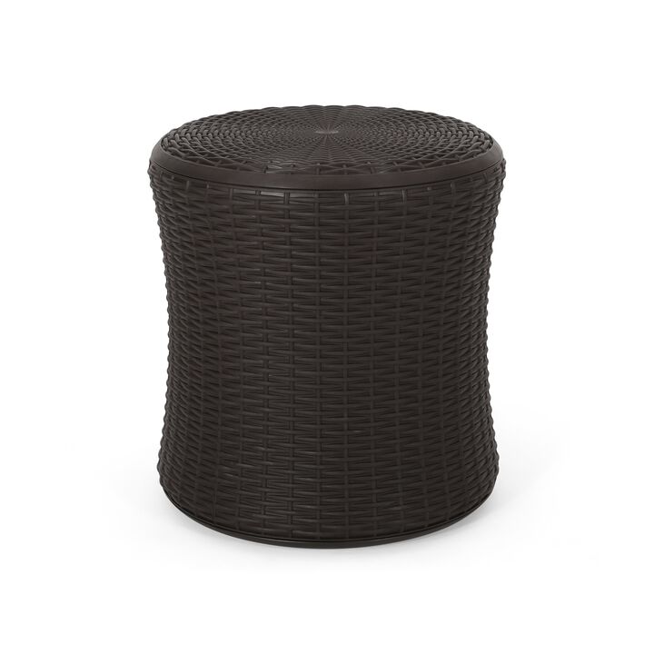 Lifo Outdoor Table, Hidden Storage, 19 Inch, Brown Woven Polypropylene - Benzara