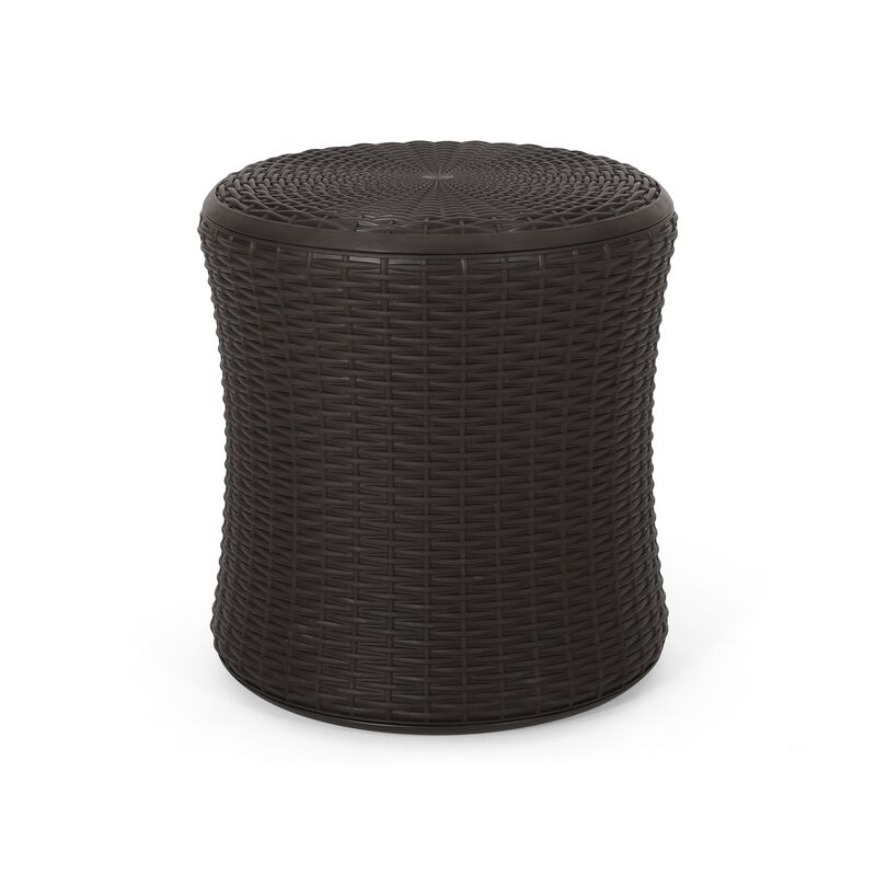 Lifo Outdoor Table, Hidden Storage, 19 Inch, Brown Woven Polypropylene - Benzara