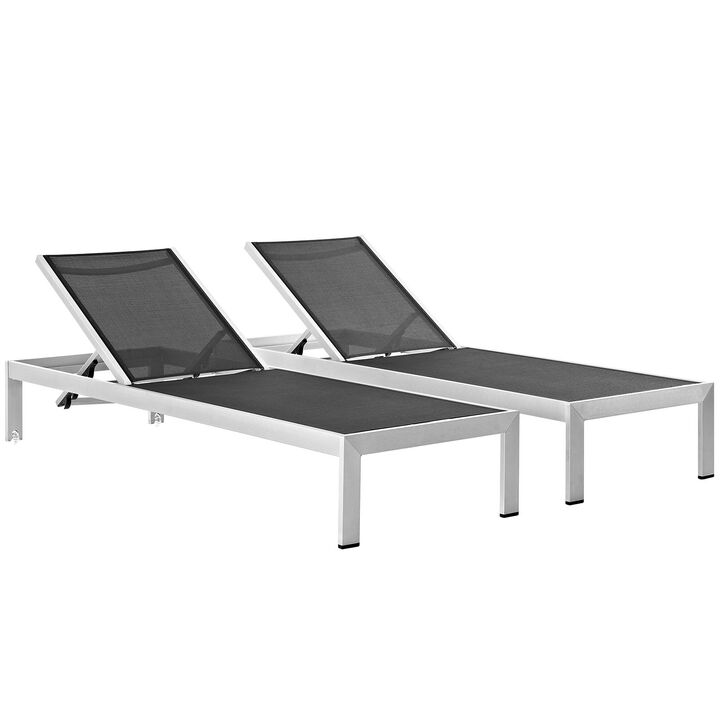 Shore Set of 2 Outdoor Patio Aluminum Chaise, Silver Black