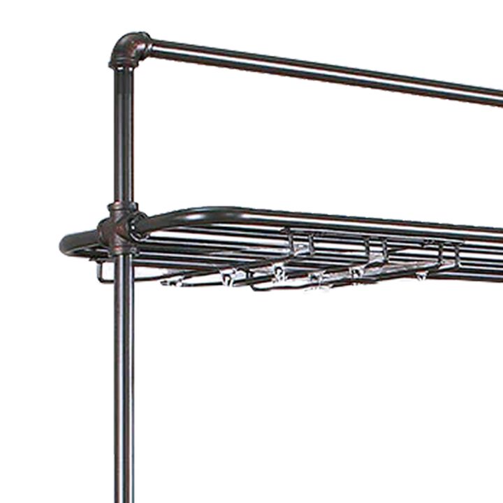 59 Inch Bar Table with Hanging Rack, Sand Black Metal, Natural Brown Wood - Benzara