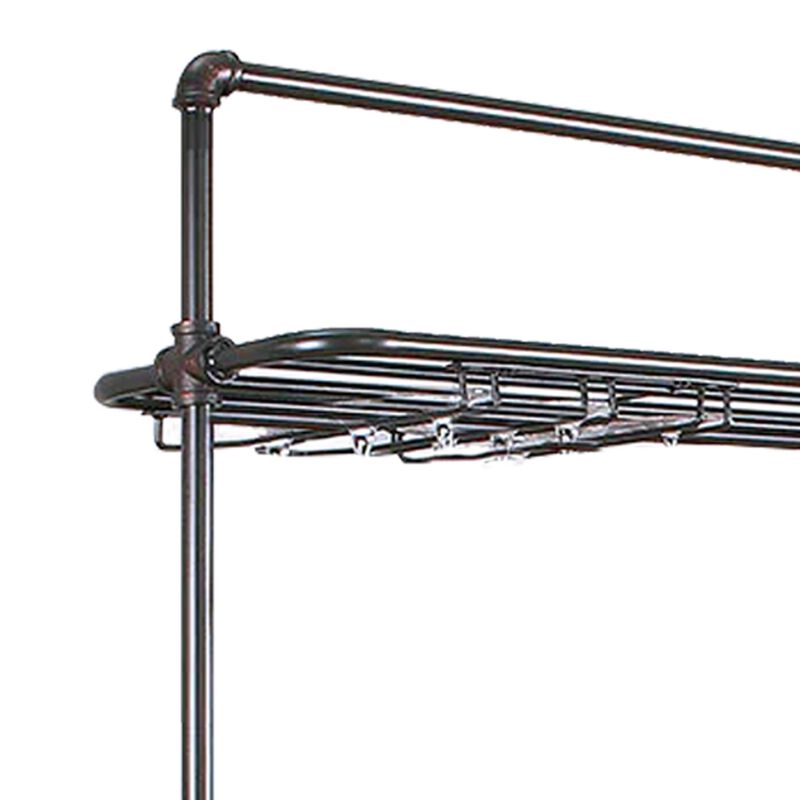 59 Inch Bar Table with Hanging Rack, Sand Black Metal, Natural Brown Wood - Benzara