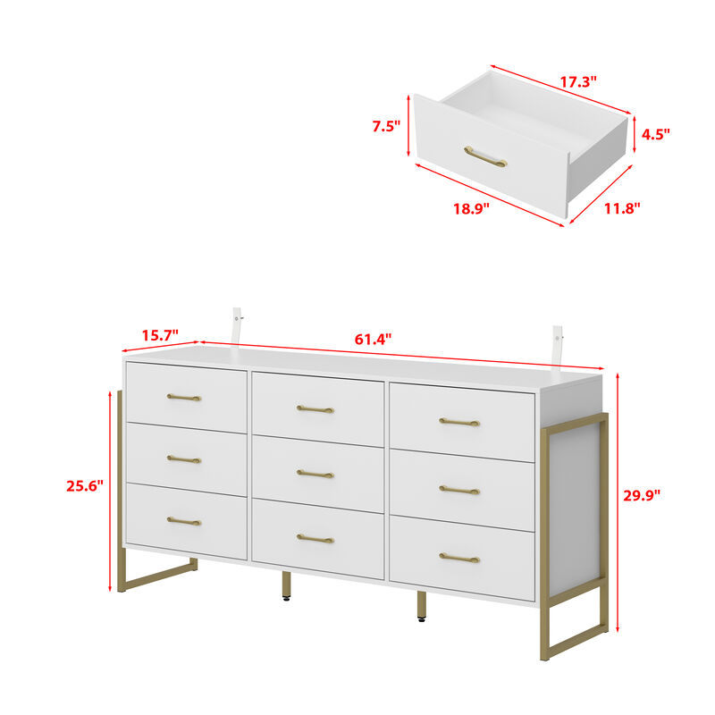 9-Drawer Dresser - Sleek Black & Gold, Premium Quality Chest