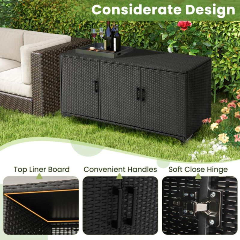 Hivvago 84 Gallon Patio Wicker Deck Box 3-Door PE Rattan Storage Container with Removable Shelves