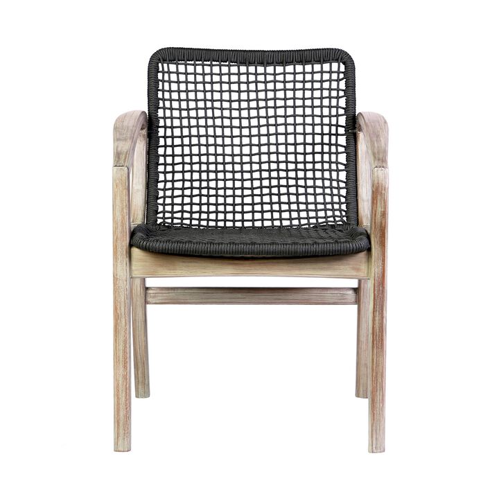 Tira 25 Inch Outdoor Patio Dining Chair, Brown Eucalyptus Frame, Woven Rope - Benzara