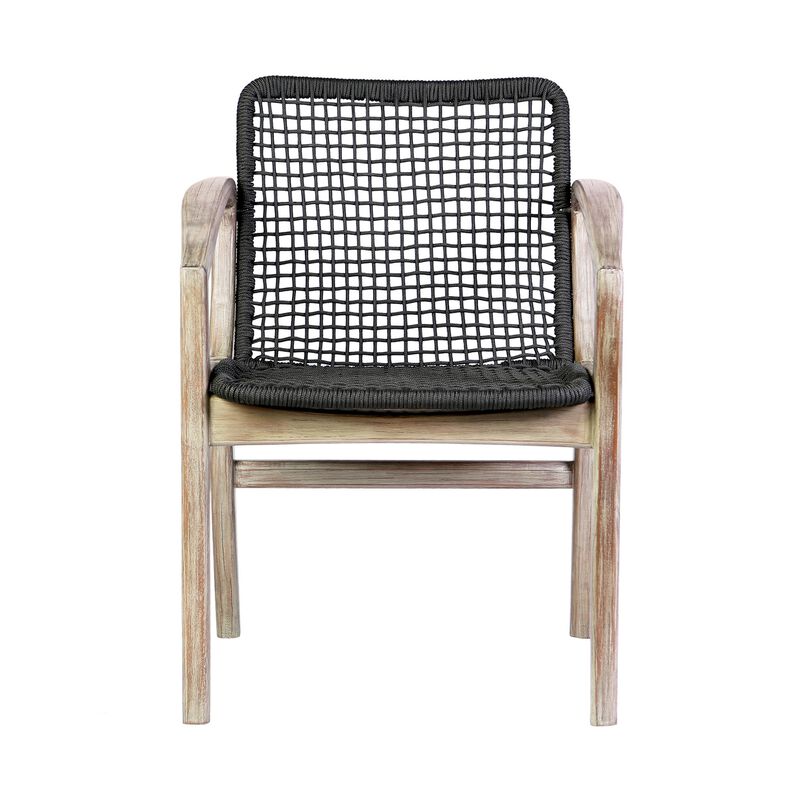 Tira 25 Inch Outdoor Patio Dining Chair, Brown Eucalyptus Frame, Woven Rope - Benzara