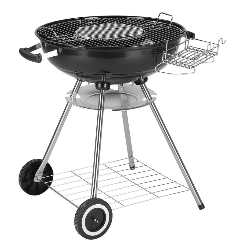 Round Charcoal BBQ Grill with Wheels, Ash Catcher, Storage Holder, and Thermometer for Outdoor