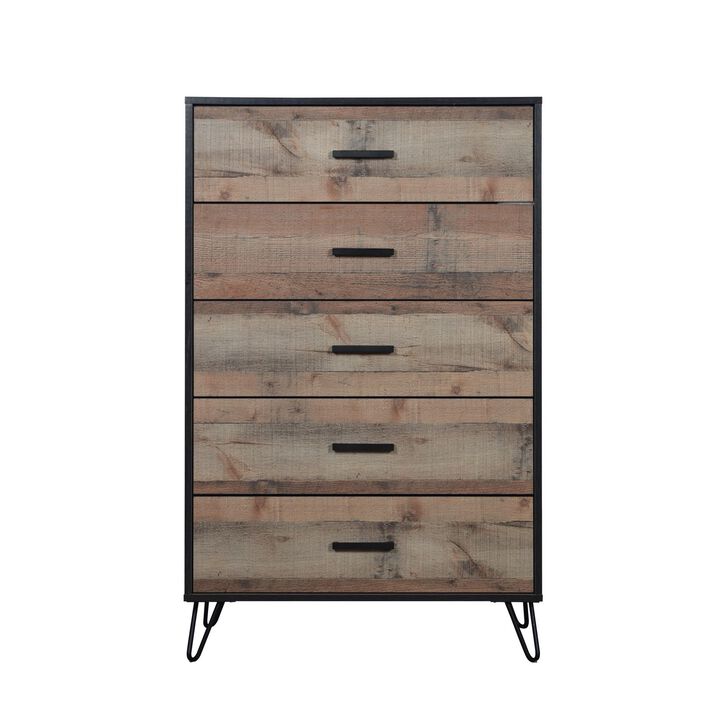Benjara Lala 50 Inch Tall Dresser Chest, 5 Drawers, Handles, Rustic, Brown, Black