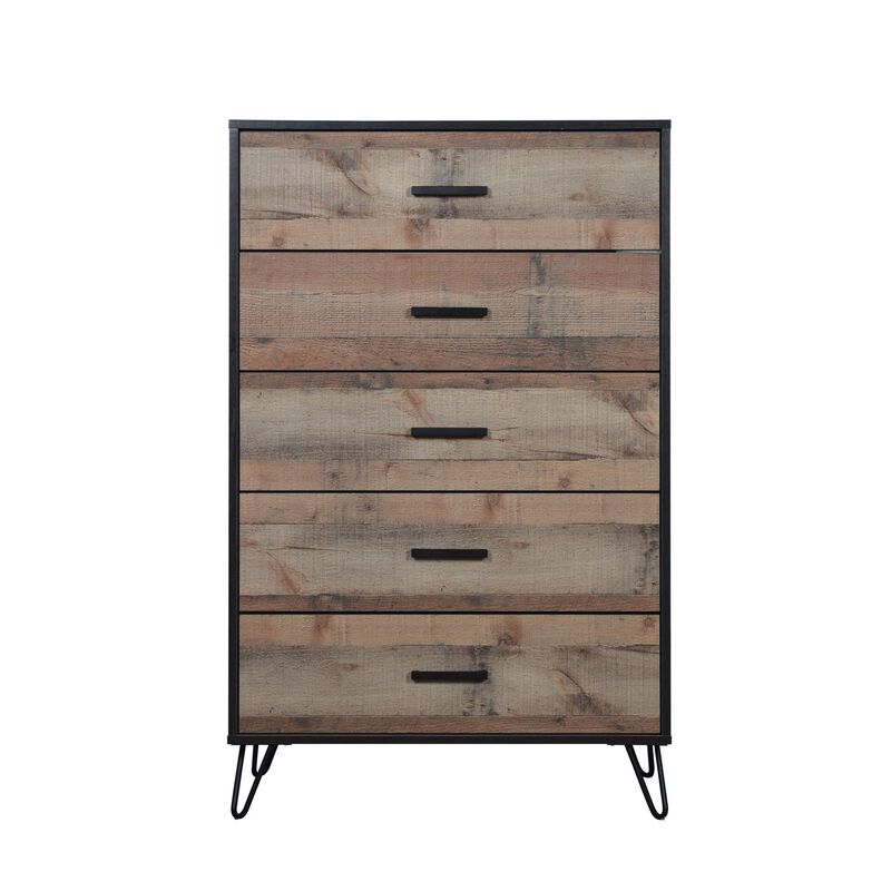 Benjara Lala 50 Inch Tall Dresser Chest, 5 Drawers, Handles, Rustic, Brown, Black