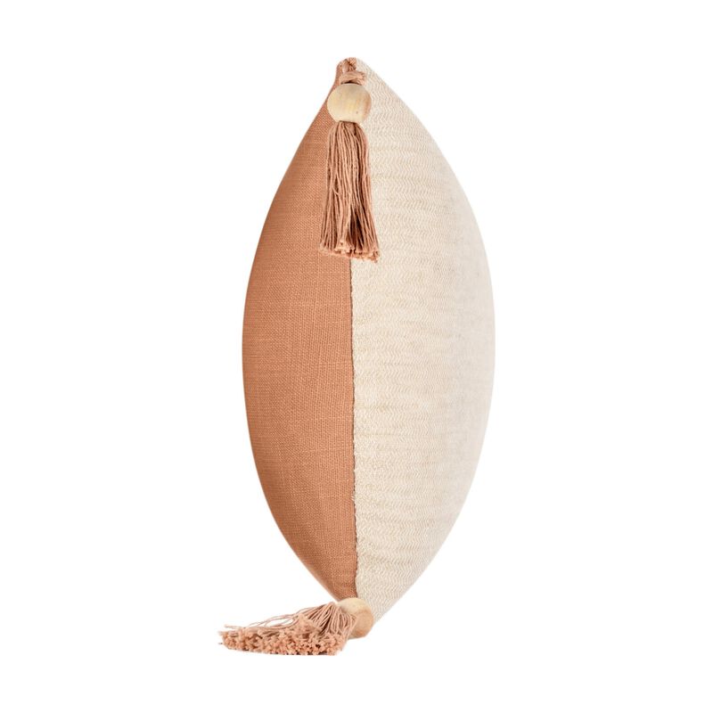 Chia Lumbar Throw Pillow, 14x26in Wood Bead Tassels, Light Brown Linen - Benzara