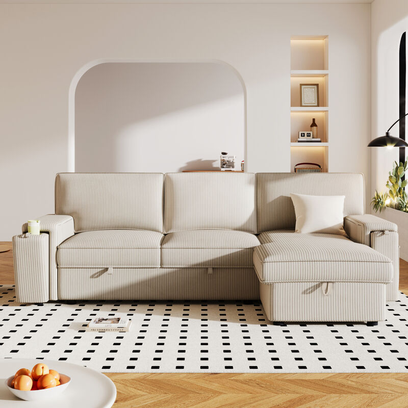 Upholstery Sleeper Sectional Sofa With Storage Bags And 2 Cup Holders On Arms