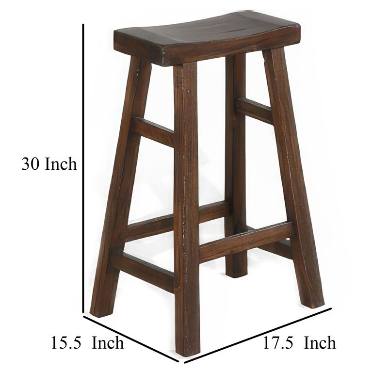 Odel Barstool Set of 2, Saddle Seat, Dark Brown Mahogany Wood, 30 Inch - Benzara
