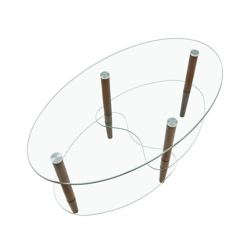 Modern Oval Glass Coffee Table with Oak Wood Legs