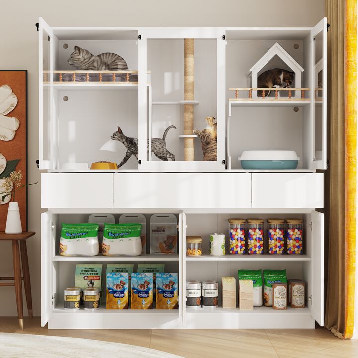 FUFU&GAGA Deluxe Multi-Level Cat Cabinet with Built-In Storage – Stylish and Functional Pet Furniture, 63"W x 19.7"D x 70.9"H, White
