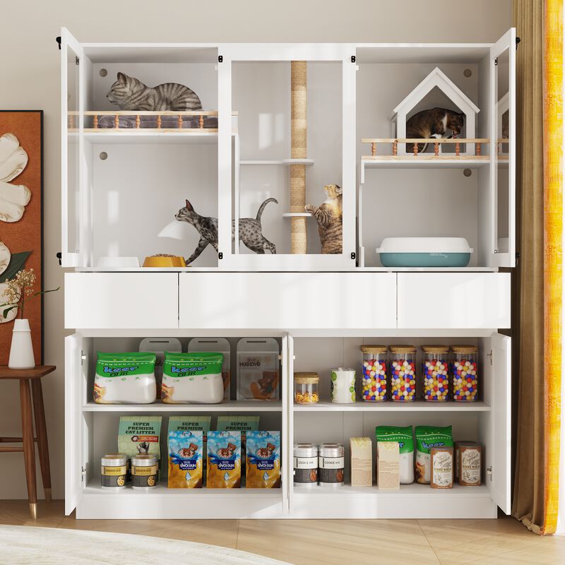 FUFU&GAGA Deluxe Multi-Level Cat Cabinet with Built-In Storage – Stylish and Functional Pet Furniture, 63"W x 19.7"D x 70.9"H, White
