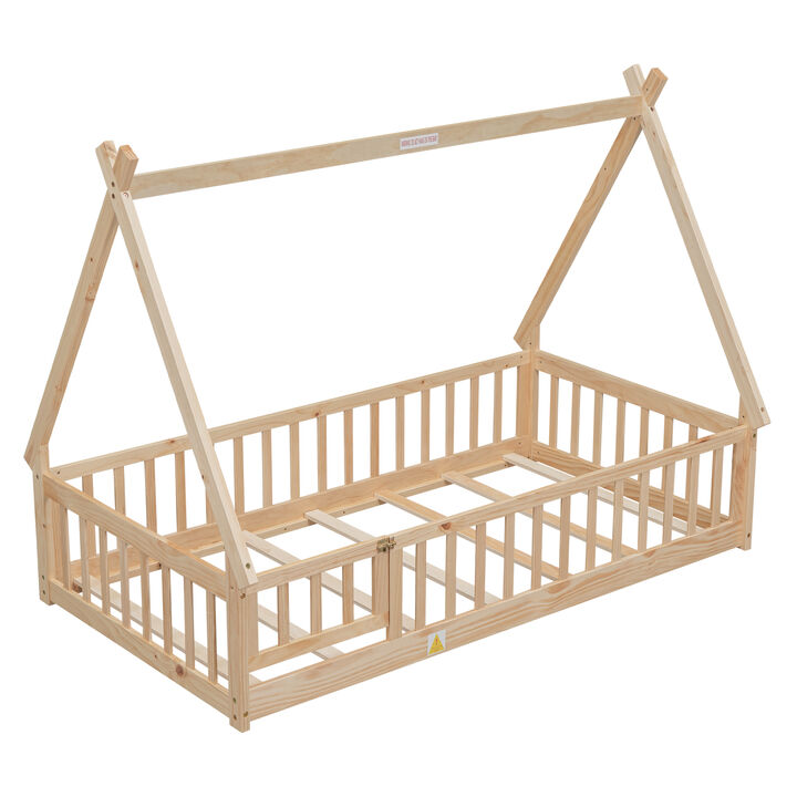 Twin Tentshaped Floor Bed, With Guardrails, Slats, Door, Natural