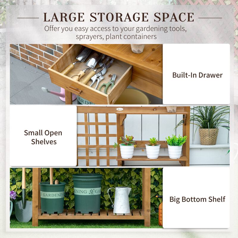 Brown Garden Station: Wooden Potting Bench with Shelves and Drawer