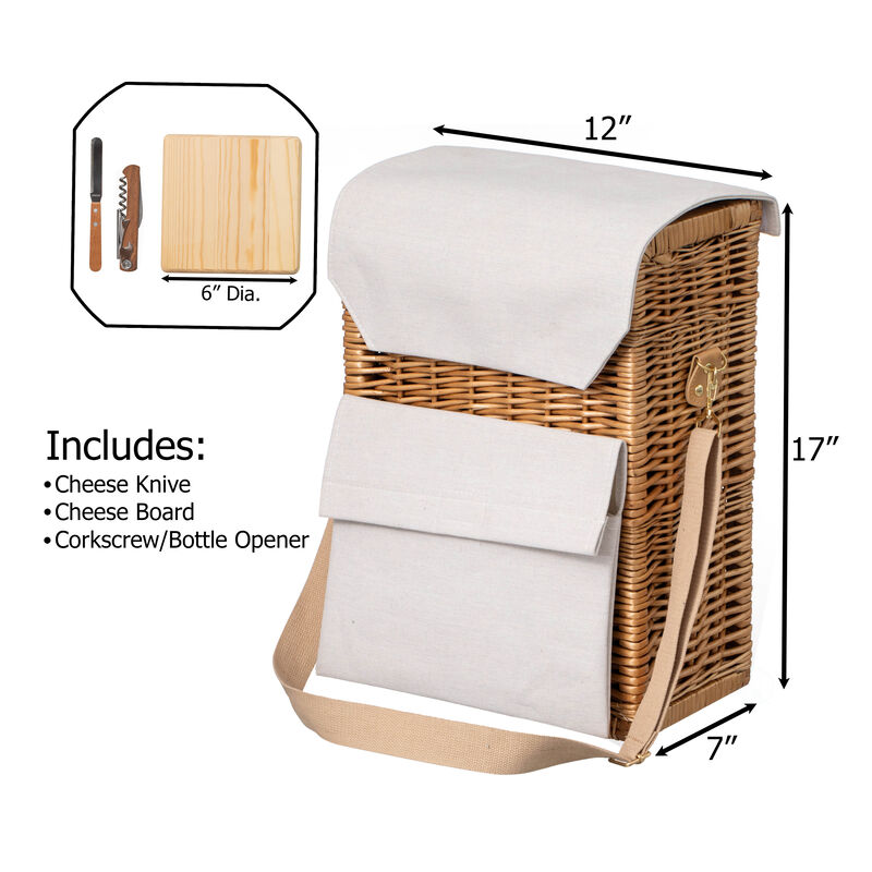 Wickerwise Wine & Cheese Picnic Basket - Wicker Tote Bag for Outdoor Parties, Camping, Travel & Celebrations - Wine Holder with Wooden Board - Ideal Present for Birthdays, Weddings and Thanksgiving