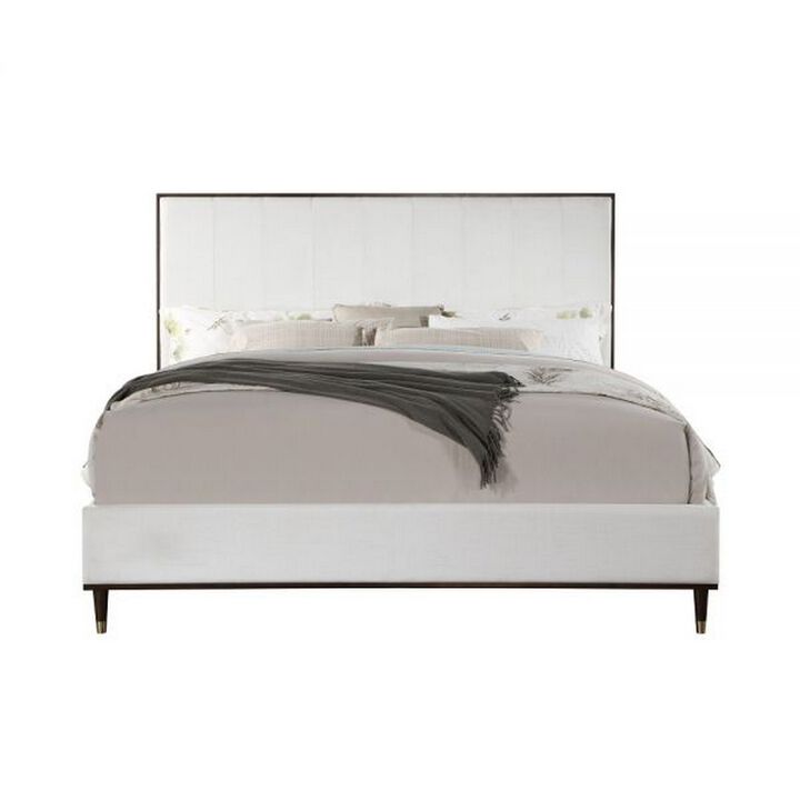 Aren Queen Bed, Light Gray Fabric Upholstery, Crisp White and Smooth Brown - Benzara