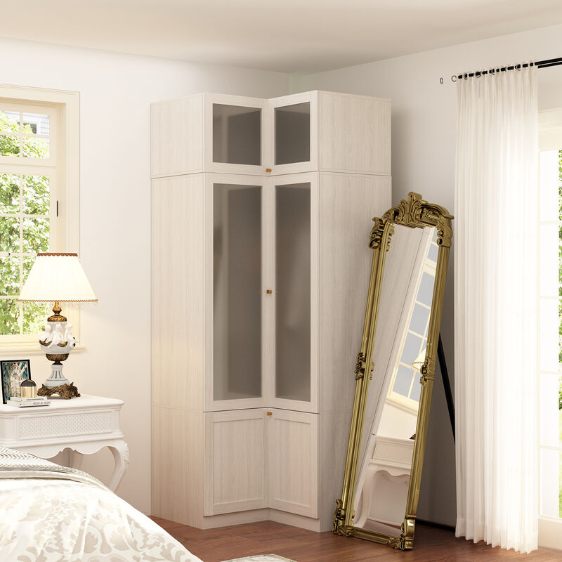 FUFU&GAGA Corner Wardrobe Closet with Frosted Glass Doors and Shelves for Bedroom (86.6" H x 35.4" W x 35.4" D) Brown