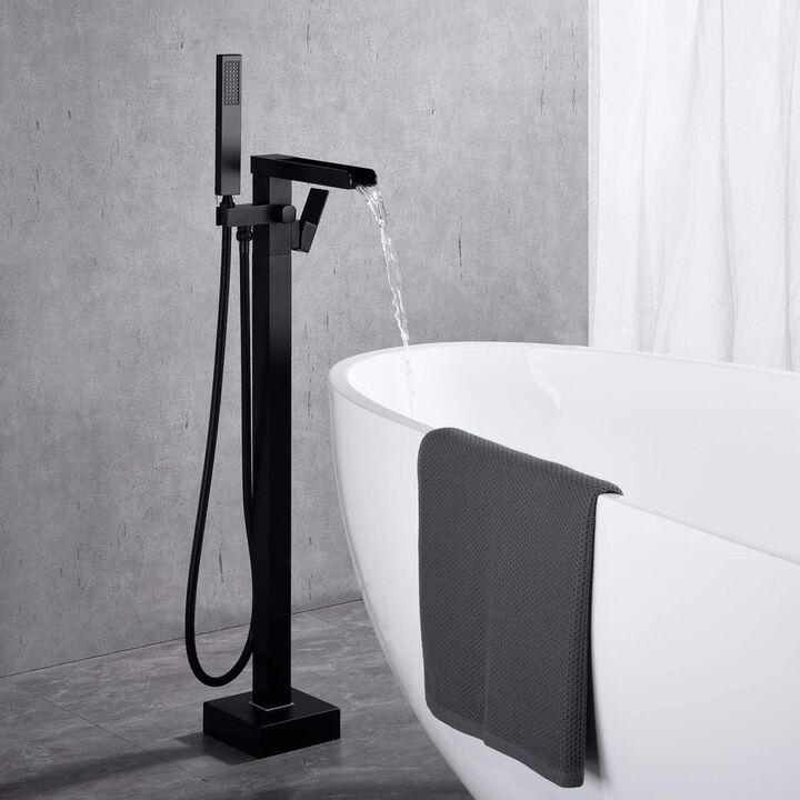 Bathroom Freestanding Waterfall Tub Filler Matte Black Floor Mount Faucet With Hand Shower