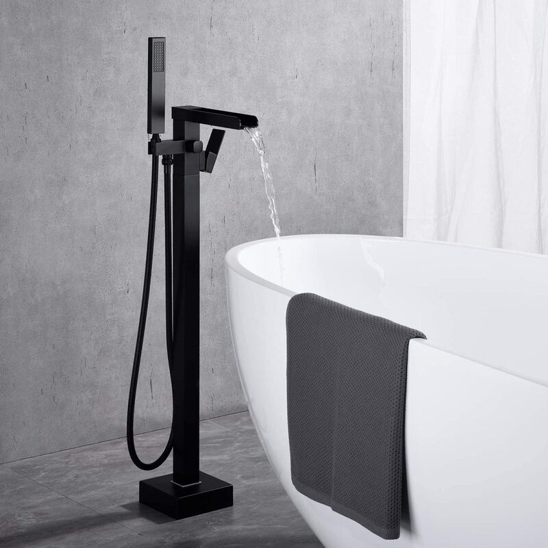 Bathroom Freestanding Waterfall Tub Filler Matte Black Floor Mount Faucet With Hand Shower