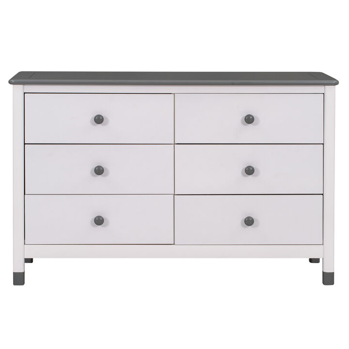 Wooden Storage Dresser With 6 Drawers, Storage Cabinet For Kids Bedroom, White+Gray