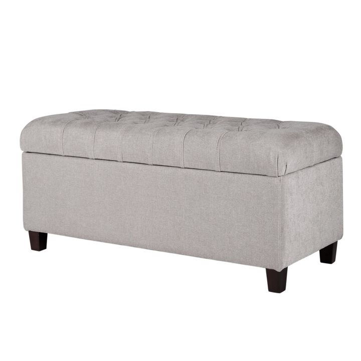 Fabric Upholstered Button Tufted Wooden Bench With Hinged Storage, Gray and Brown - Benzara