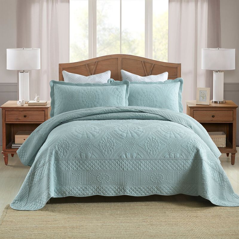 MarCielo 3 PCS 100% Cotton Oversized Bedspread Quilt Set Embroidery TF