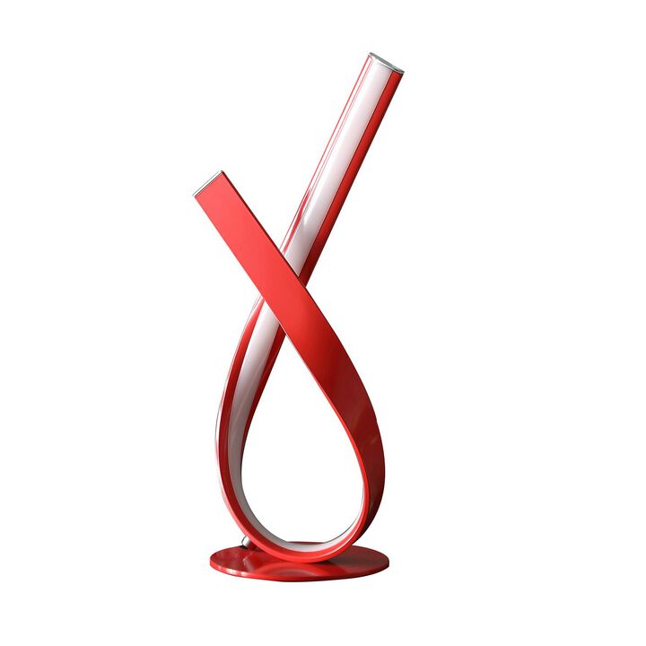 17 Inch Accent Table Lamp, Ribboned Bow, Round Base, LED Lighting, Red-Benzara