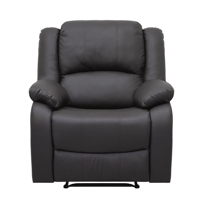 Chris 38 Inch Manual Recliner Chair, Solid Wood, Black Faux Leather - Benzara