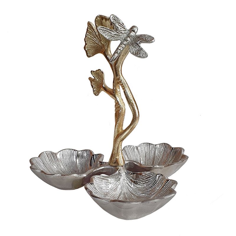 Keva 9 Inch Decorative Bowl, Curved Leaf Design, 2 Tone Gold, Silver Finish - Benzara