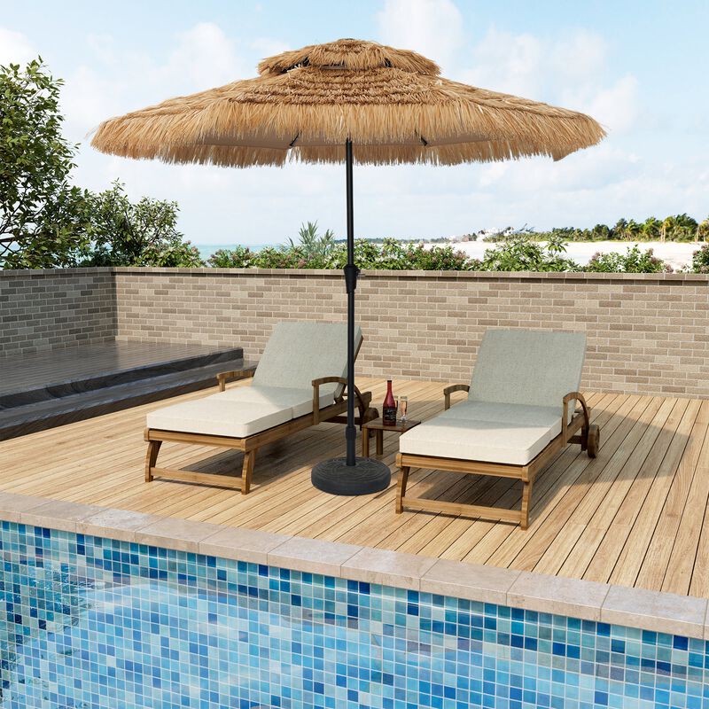 Mondawe 10 ft Hawaiian Style Crank Design 2 Tier Straw Patio Umbrella Shade with Light & Based