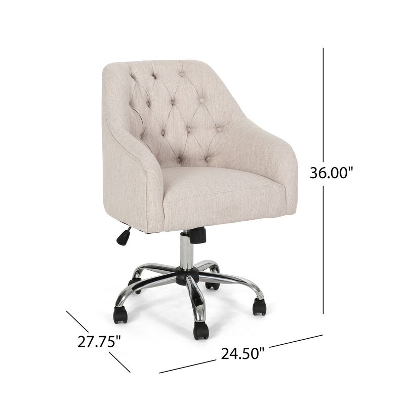 Nysa Swivel Office Chair, Tufted Beige Fabric, Chrome Steel -Benzara