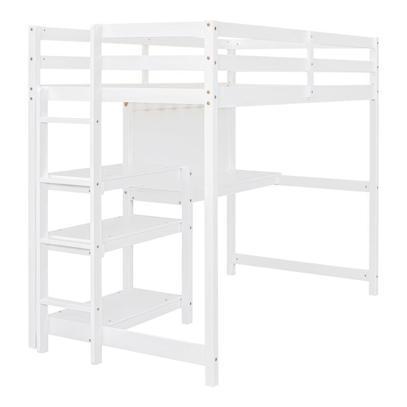 Twin Size Wooden Loft Bed With Shelves, Desk And Writing Board