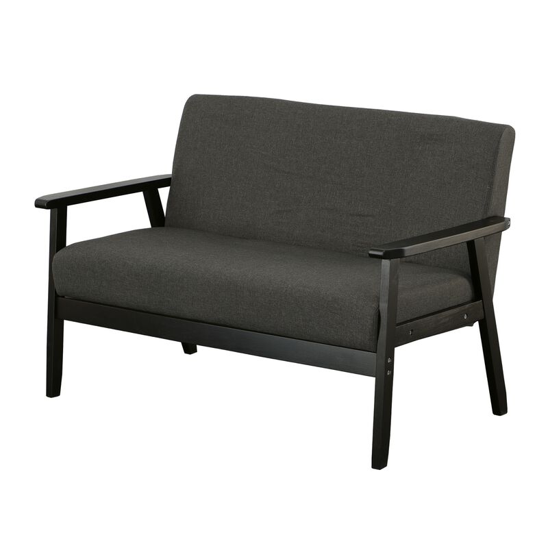 Gala 45 Inch Modern Loveseat Bench, Dark Gray Fabric, Jet Black Wood Frame-Benzara