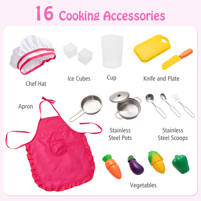 Pretend Play Kitchen for Kids with 16 Pieces Accessories-Pink