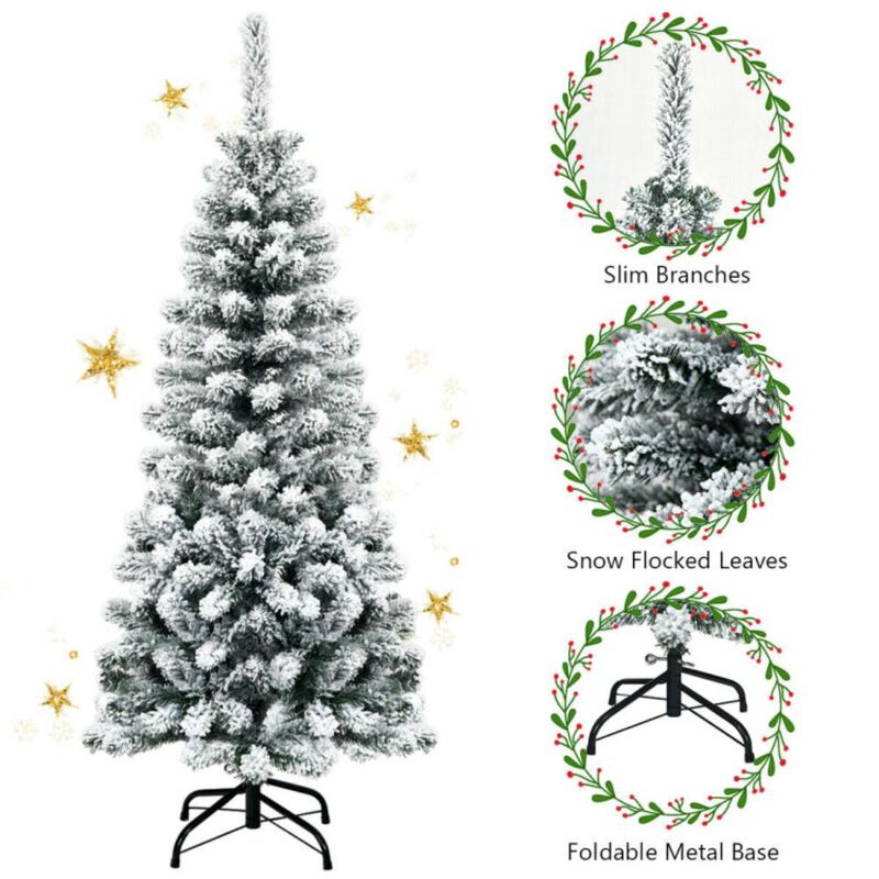 Hivvago 4.5 Feet Unlit Hinged Snow Flocked Artificial Pencil Christmas Tree with 242 Branch