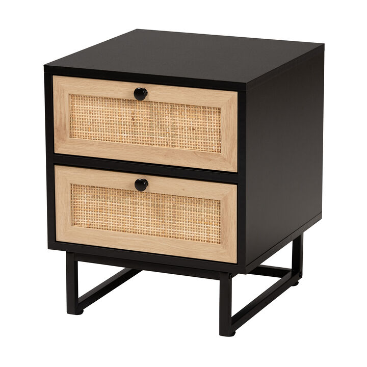Baxton Studio Declan  Espresso Brown Finished Wood and Natural Rattan 2 Drawer End Table