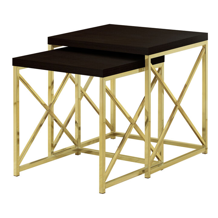 Monarch Specialties I 3237 Nesting Table, Set Of 2, Side, End, Metal, Accent, Living Room, Bedroom, Metal, Laminate, Brown, Gold, Contemporary, Modern