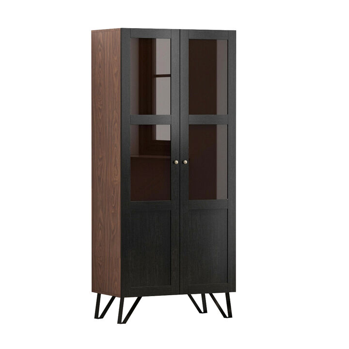 70.7 in. H Brown Wood 2 Glass Door Accent Cabinet W/3-Tier Shelves and Metal Legs Storage Cabinet Bookshelf Cupboard