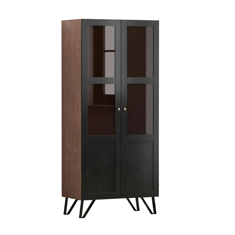 70.7 in. H Brown Wood 2 Glass Door Accent Cabinet W/3-Tier Shelves and Metal Legs Storage Cabinet Bookshelf Cupboard