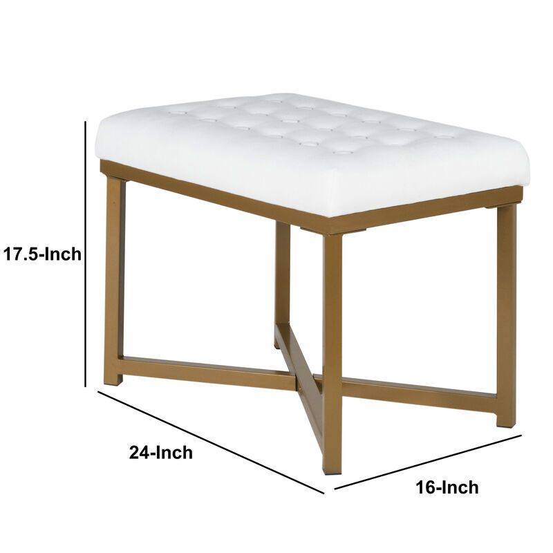 Metal Framed Bench with Button Tufted Velvet Upholstered Seat, White and Gold - Benzara