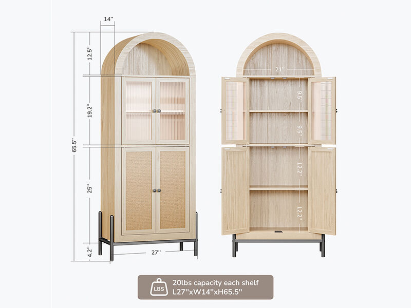 BELLEZE 65 Inch Storage Cabinet, Freestanding Arched Bookshelf for Living Room, Curio Cabinet with Reeded Glass Door, Storage and Organizer Cabinet with Adjustable Shelves for Kitchen - White Lotus