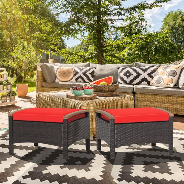 Hivvago Set of 2 Wicker Patio Ottoman Fade-Resistant Foot Rest with Cushion