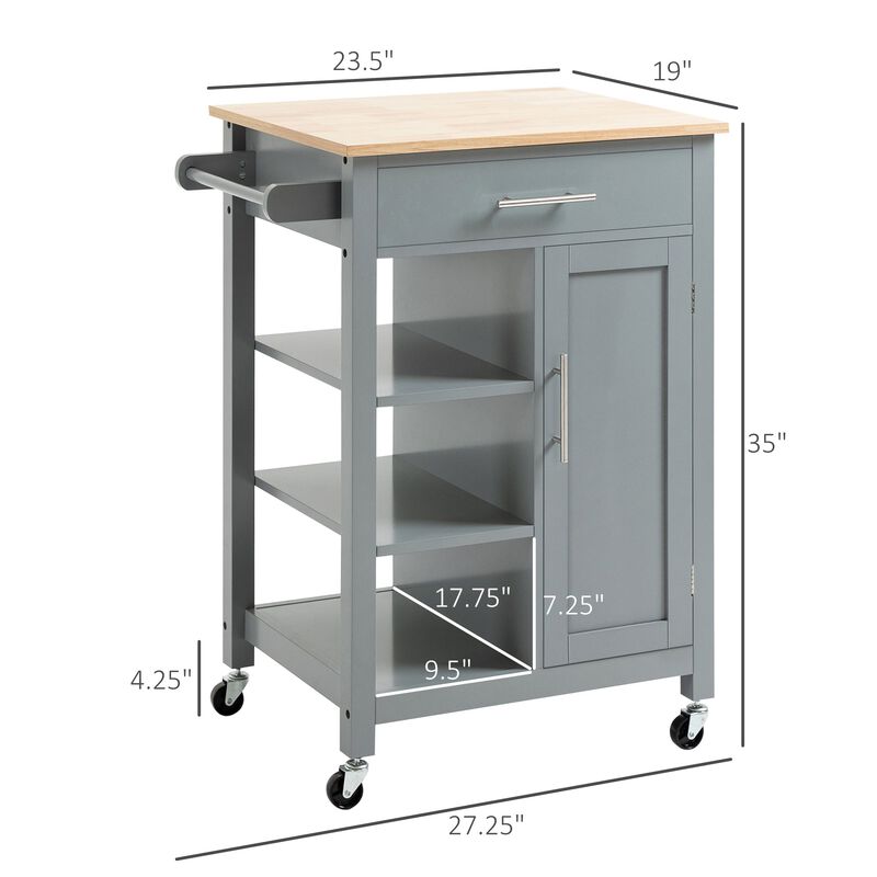Gray Kitchen Island: Cart with Drawer, Cabinet & Wood Top